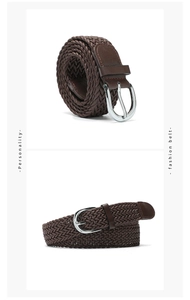 Detail of dark brown braided wax rope belt with leather ends and silver metal buckle