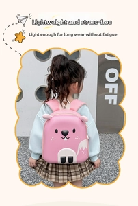 Close-up of lightweight pink squirrel backpack for kids with 3D ears and cartoon face