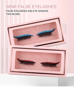 Detail of two-in-one mink eyelashes with blue and red glitter eyeshadow eyeliner stickers