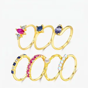 925 Sterling Silver Vintage Gold Plated Ring For Women Rhinestone Artificial Pearl Geometric Blue Red Gemstone Finger Ring Gift