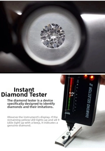 Macro detail of moissanite brilliance and Diamond Selector II testing tool for authenticity