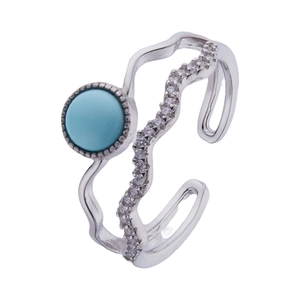 S925 sterling silver open ring featuring a round turquoise and sparkling zircons