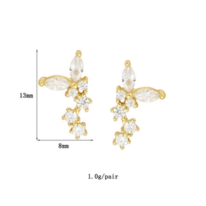 Detailed dimensions of gold butterfly stud earrings with marquise cubic zirconia stones