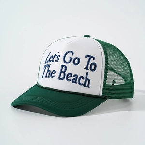 Adjustable green and white mesh trucker hat with Let's Go To The Beach embroidery
