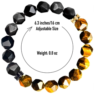 Natural tiger eye and obsidian beaded bracelet with zircon accents and size specs