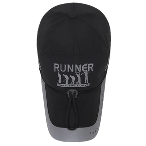 Lightweight black runner hat with wide brim, reflective stripes and adjustable drawstring