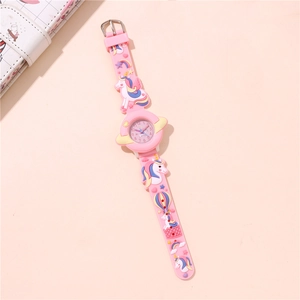 Pink 3D cartoon unicorn kids watch with rainbow patterns and soft silicone strap