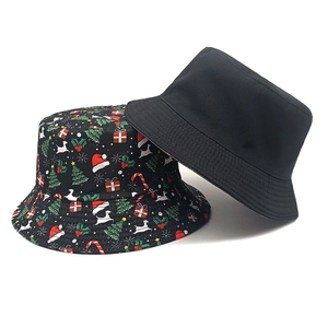 Christmas fisherman bucket hat set with festive tree and reindeer patterns on twill cotton