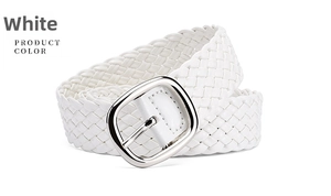 Detail of white woven PU leather belt with an oval silver metal pin buckle for dresses