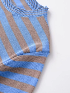Detail of blue and brown striped knit sweater showing crew neck and ribbed texture