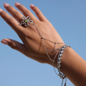 Stainless Steel Finger Ring Hand Chain For Women Rhinestone Tassel Bohemian Style Geometric Hand Jewelry