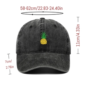 Detailed dimension guide for washed black denim baseball cap with pineapple embroidery