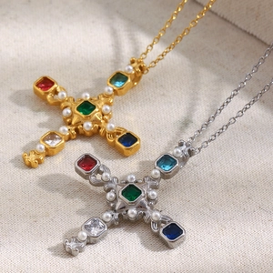 Retro 18K gold and silver cross necklaces with colorful gemstones and pearls