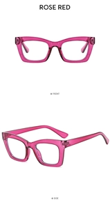 Front and side views of stylish rose red thick-frame anti-blue light glasses