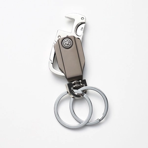 Detailed macro view of zinc alloy multifunctional rotating keychain with dual steel rings