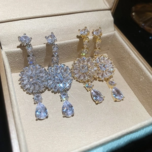 Makroaufnahme von silbernen und goldenen Quastenohrringen mit Zirkonia in einer Box
