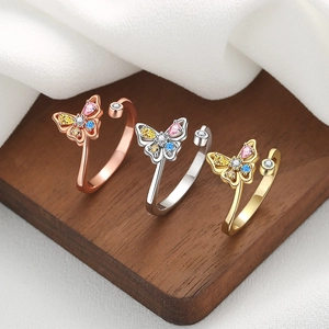 Adjustable butterfly rings in gold, silver and rose gold with colorful zircon stones