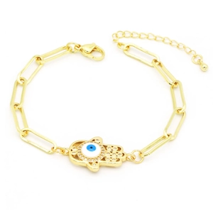 Gold paperclip chain bracelet with Hamsa hand and evil eye pendant for women