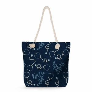 Nurse Life tote bag in navy blue with white stethoscope print and rope handles