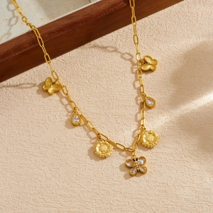 Gold plated stainless steel necklace with butterfly sunflower and teardrop zircon pendants