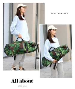 Close-up of camouflage skateboard bag showing reinforced handles and durable canvas texture