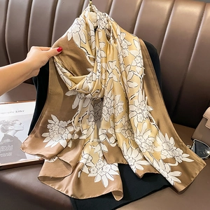 Elegant floral print silk-feel shawl in caramel and champagne gold gradient for women