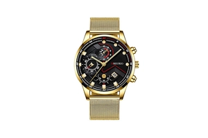Detail of gold chronograph watch with black dial and milanese stainless steel mesh strap