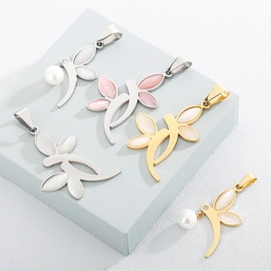 Floral stainless steel pendants with cat-eye stones and pearls on geometric stands