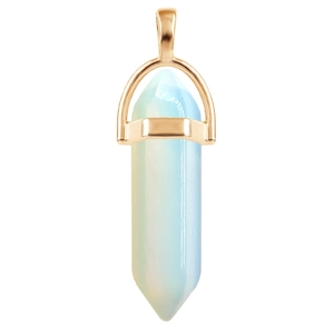 Close-up of rose gold plated opal hexagonal pillar pendant on a white background