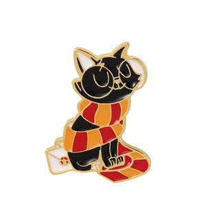 Cartoon black cat enamel pin wearing striped scarf on white background for bags