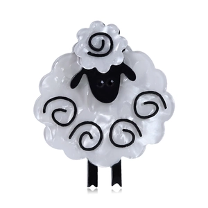 Cute cartoon sheep acrylic brooch pin in black and white finish on white background
