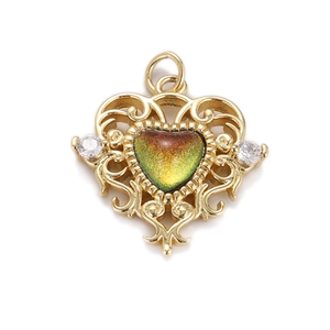 Detailed view of heart-shaped gold filigree pendant with chameleon gem and zircons