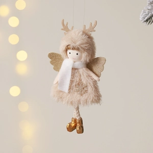 Pendentif ange de Noël avec bois dorés et décoration en fausse fourrure beige