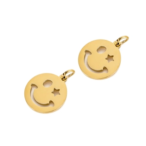 Detailed view of gold-plated hollow smiley face charms with star eye and hanging loops