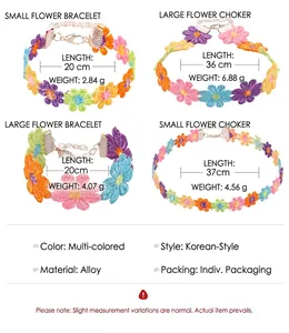 Detail showing embroidered flower necklace and bracelet specs with alloy charms
