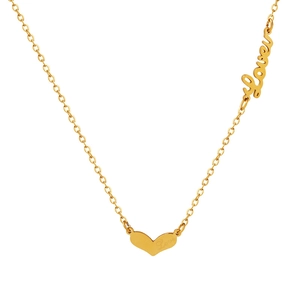 Elegant gold titanium steel necklace with heart pendant and Love lettering on white background