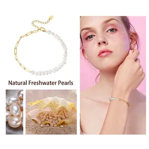 Bracelet chaîne trombone en argent S925 plaqué or avec perles baroques naturelles femme