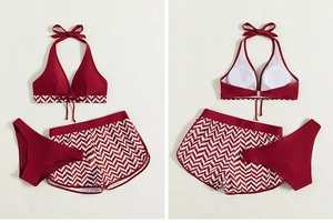 Detailed front and back view of a three-piece dark red halter swimsuit with chevron print