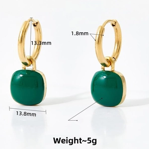 Detailed view of gold earrings with green square enamel pendant and dimensions 13.8mm