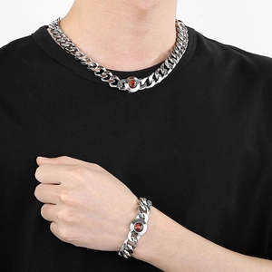 Polished silver Cuban link necklace and bracelet set with red gemstone for men