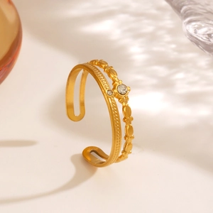 Double Layer Open Ring 18K Gold Plated Stainless Steel Cubic Zirconia Adjustable Crown Wave Finger Jewelry For Women