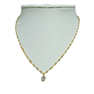 Elegant six-prong solitaire cubic zirconia pendant on a thin gold chain shown on a neck model