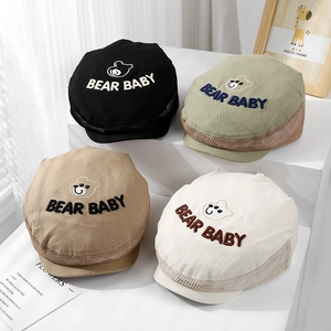 Kids Mesh Sun Hat Breathable Cotton Polyester Cartoon Bear Embroidery Adjustable Peaked Beret Cap For Toddler Boys Girls