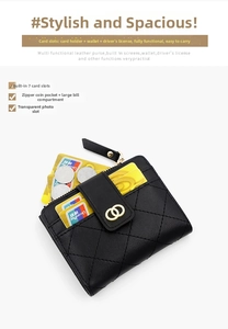 Quilted black wallet detail showing 7 card slots, zipper coin pocket and clear ID window