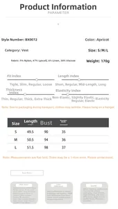 Detailed size chart for summer cotton linen vest with fabric info and measurements