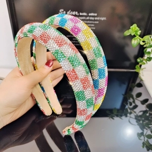 Sparkling wide headband with colorful rhinestones in a vibrant checkerboard crystal pattern
