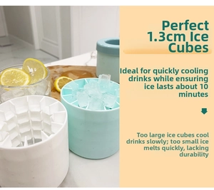Detail view of cylinder silicone ice bucket with 1.3cm cube grid and mint green finish