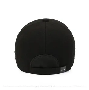 Rear view of black wool baseball cap featuring ear protection and a narason logo patch