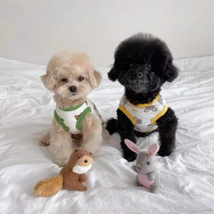 Detail of two teddy dogs wearing cartoon print cotton vests on a white bed
