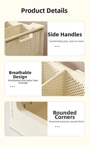 Detail of cream-colored plastic storage basket with diamond cutouts and smooth handles